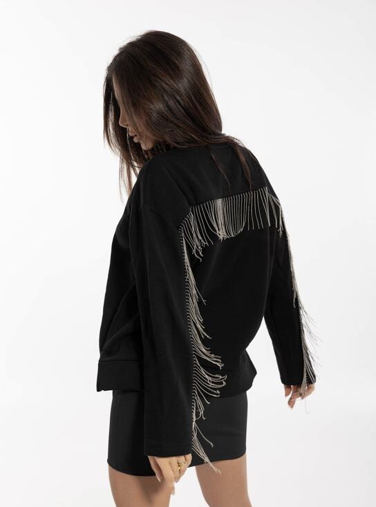 Self Same Sweaters - Rhinestone Fringe Cardigan Sweater Black Western Boho Glam Small
